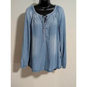 Vintage America Blues Denim Blouse Chambray Peasant Top Long Sleeve Size Small